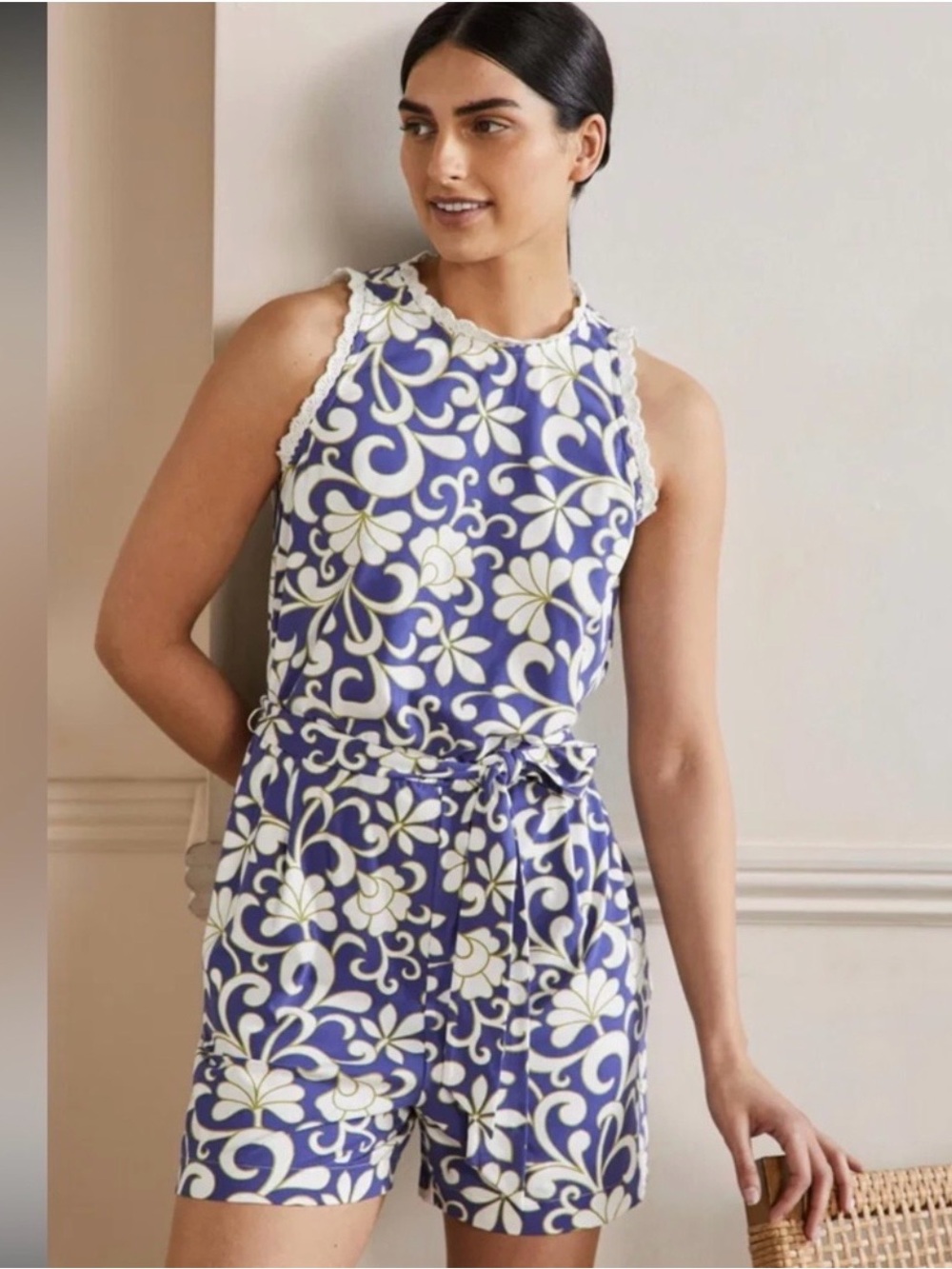 Boden Blue and White Floral Sleeveless Romper